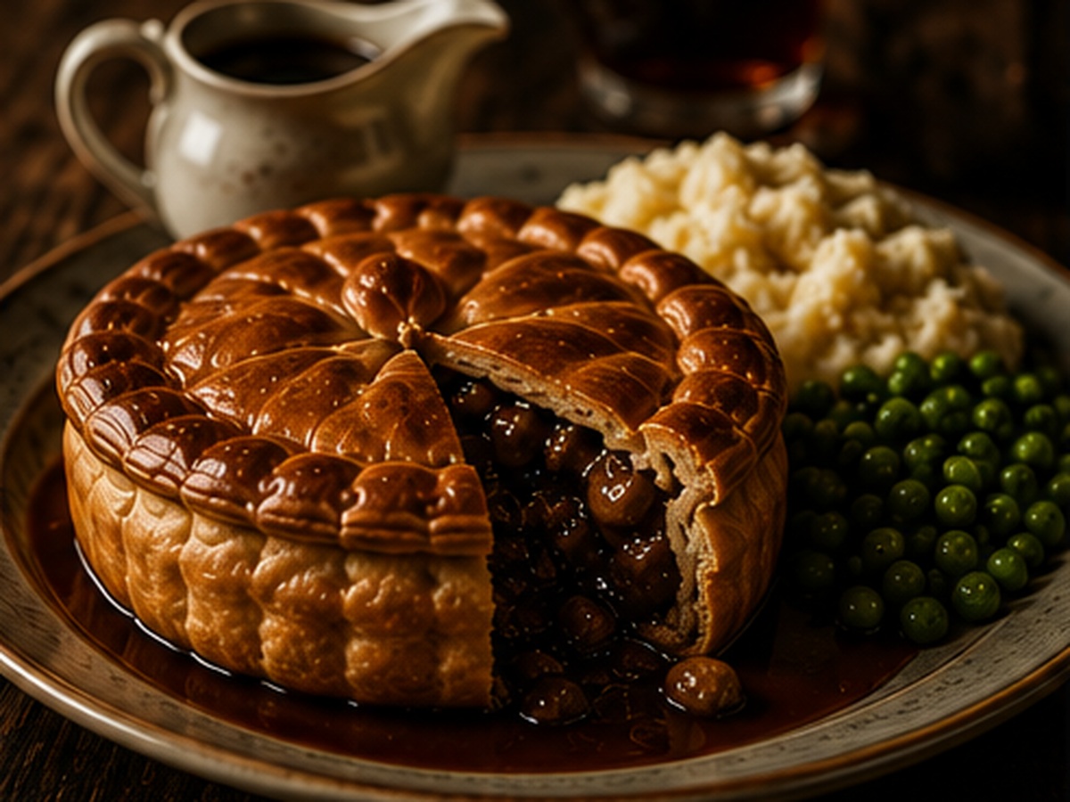 Traditional steak pie with mash, peas and gravy at Ye Olde Tadger