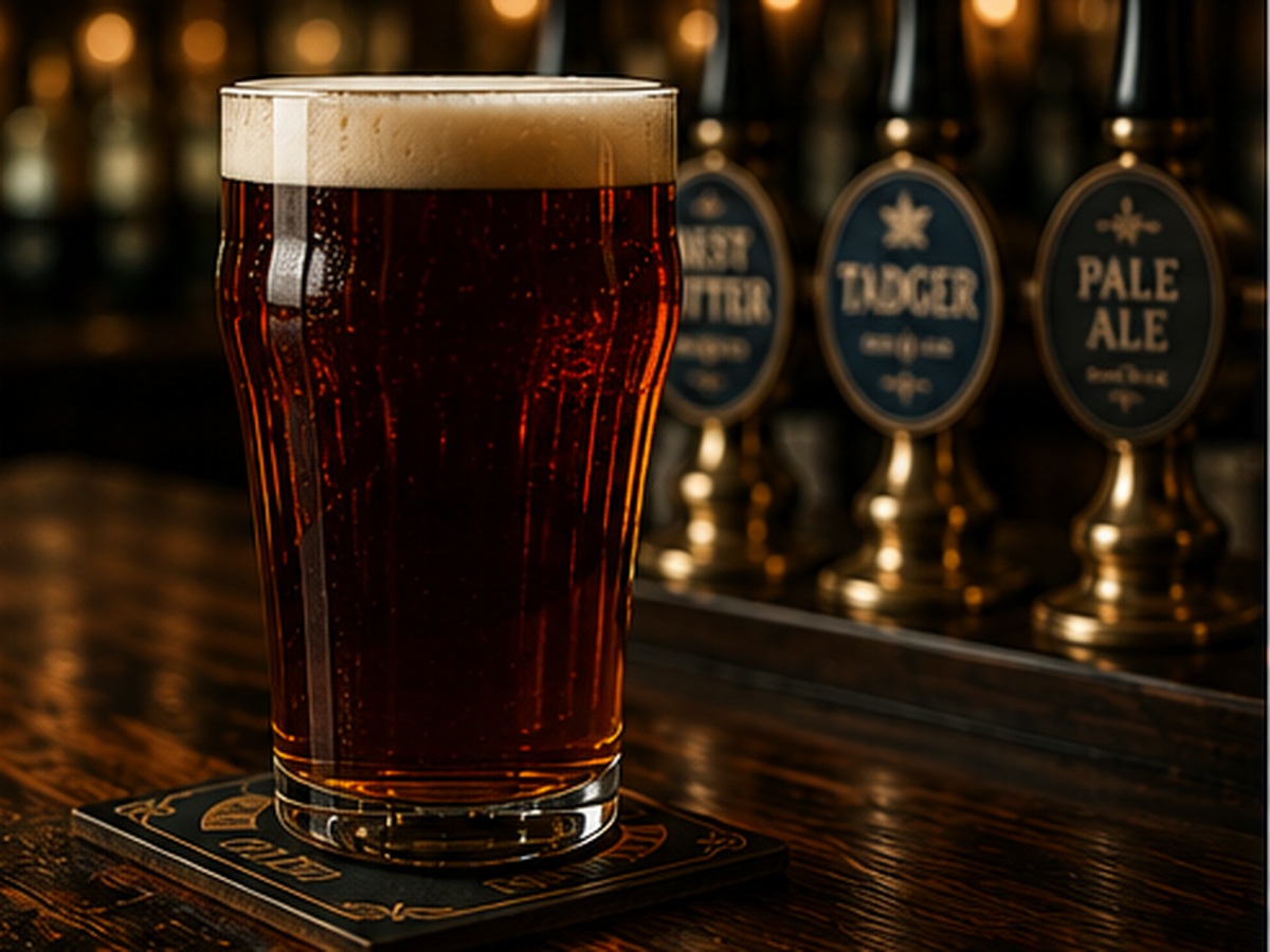 Pint of cask ale on the bar at Ye Olde Tadger