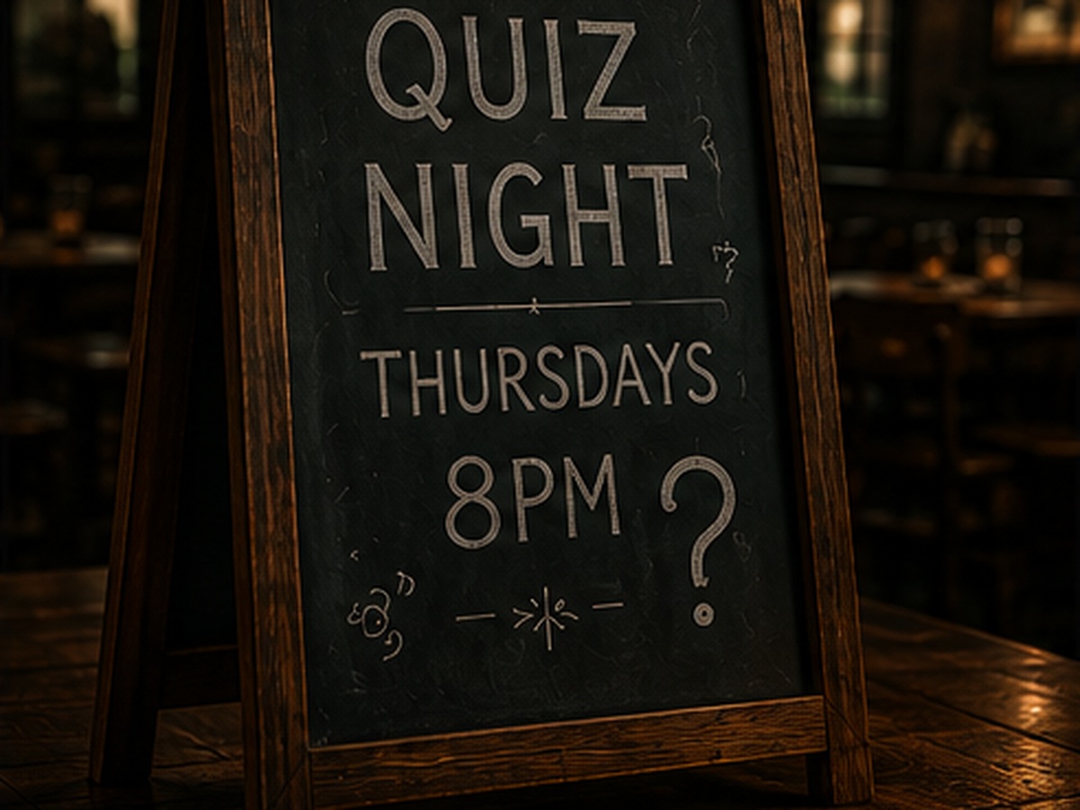 Quiz Night chalkboard inside Ye Olde Tadger pub