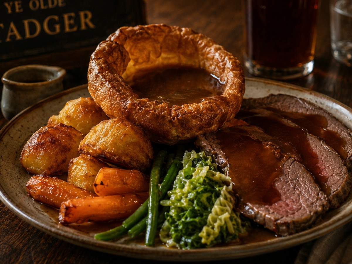 Traditional Sunday roast with beef, Yorkshire pudding, roast potatoes and vegetables at Ye Olde Tadger